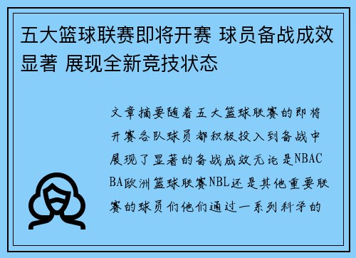 五大篮球联赛即将开赛 球员备战成效显著 展现全新竞技状态