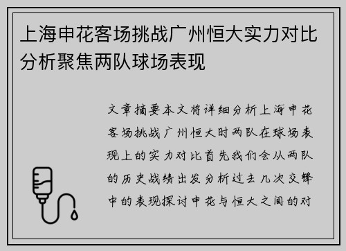 上海申花客场挑战广州恒大实力对比分析聚焦两队球场表现