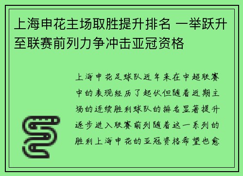 上海申花主场取胜提升排名 一举跃升至联赛前列力争冲击亚冠资格