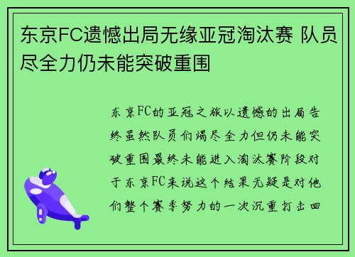 东京FC遗憾出局无缘亚冠淘汰赛 队员尽全力仍未能突破重围