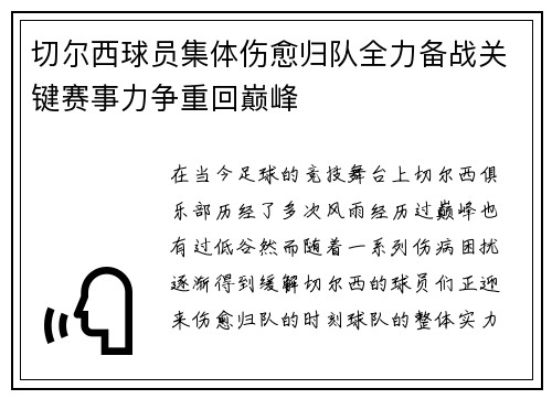 切尔西球员集体伤愈归队全力备战关键赛事力争重回巅峰