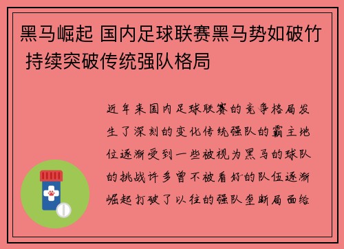 黑马崛起 国内足球联赛黑马势如破竹 持续突破传统强队格局