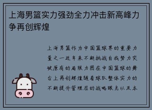 上海男篮实力强劲全力冲击新高峰力争再创辉煌
